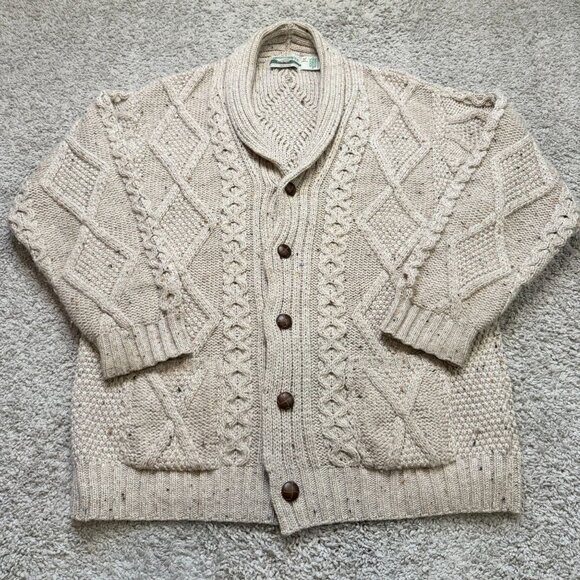 Arancrafts Sweater Cardigan XL beige Shawl Collar Merino Wool Cable Knit Fisherm - Picture 1 of 8